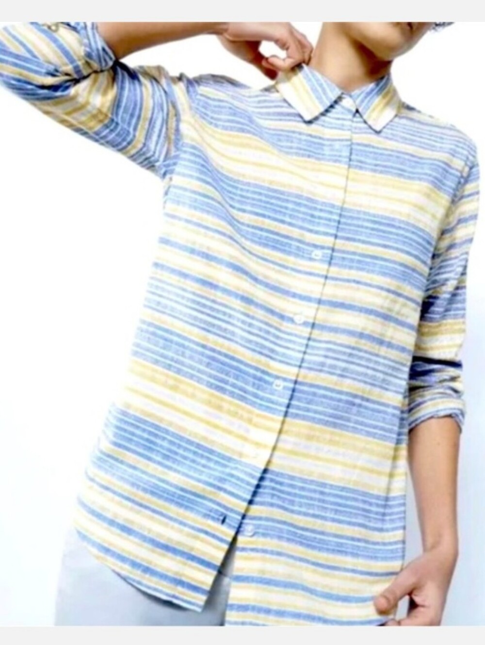 WILDFANG Ace Blue Yellow Striped Long Sleeve Button Up Shirt Linen Blend Sz XXL